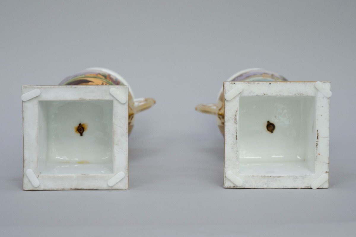 Pair Of Ovoid Vases On Square Bases, Brussels Porcelain, 19th Century-photo-4