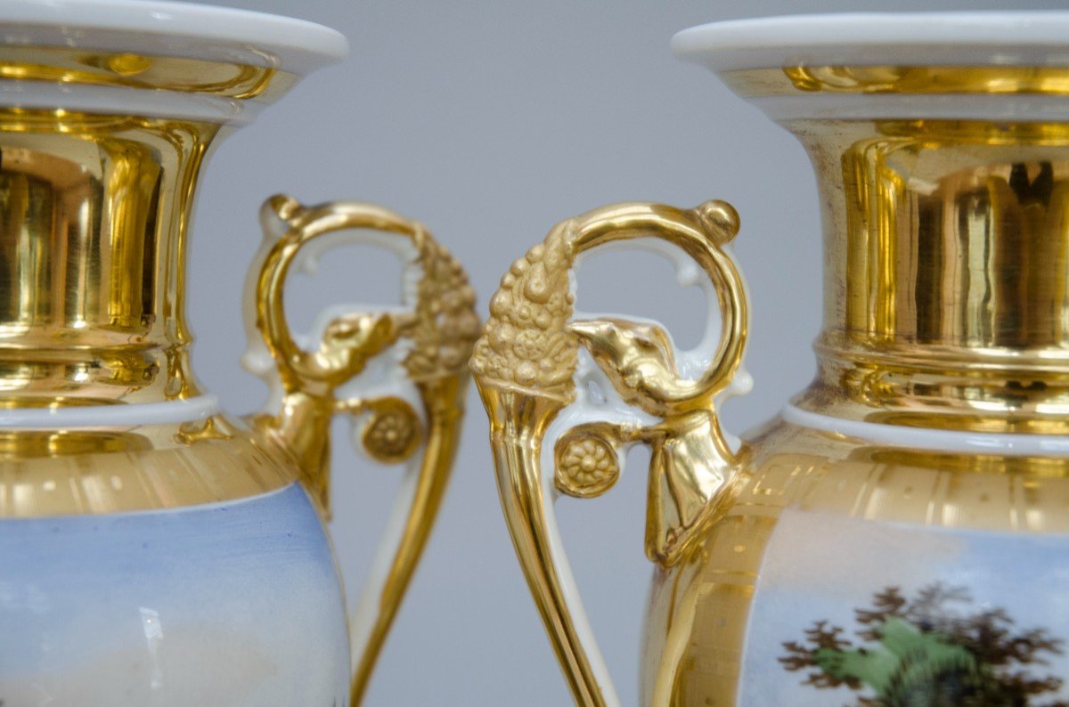 Pair Of Ovoid Vases On Square Bases, Brussels Porcelain, 19th Century-photo-5