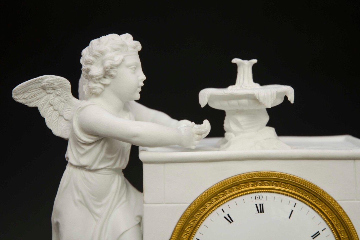  White Biscuit Clock "angel At The Fountain", France Mid 19th Century -photo-3