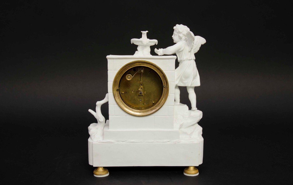  White Biscuit Clock "angel At The Fountain", France Mid 19th Century -photo-1