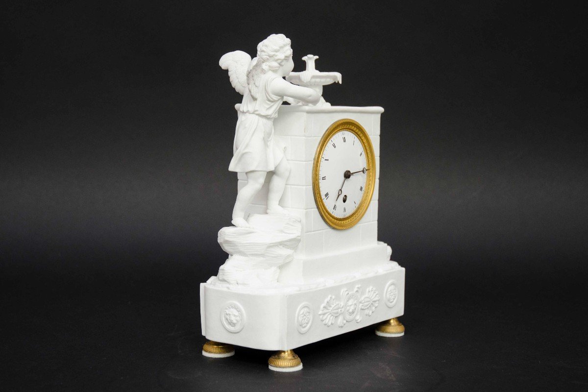  White Biscuit Clock "angel At The Fountain", France Mid 19th Century -photo-3