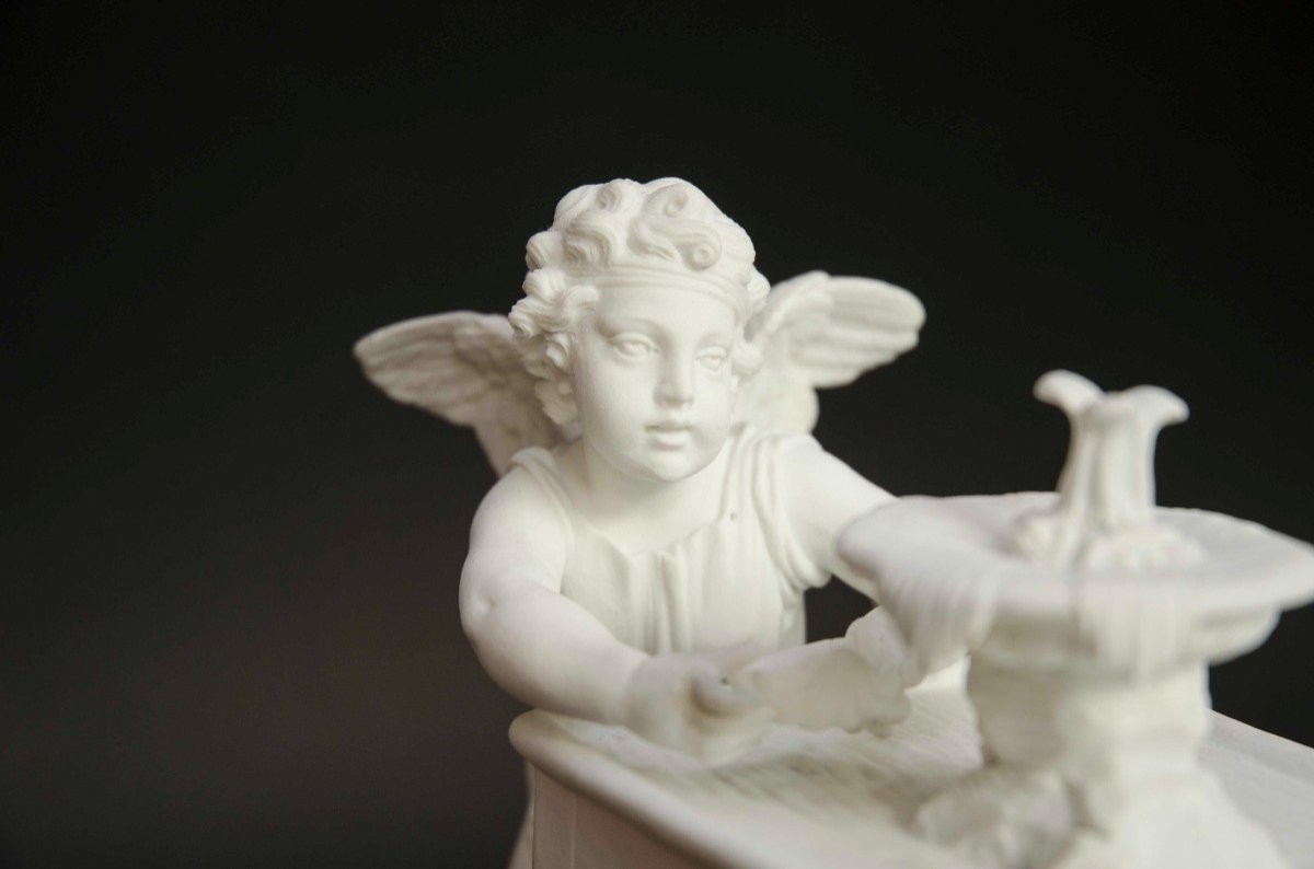  White Biscuit Clock "angel At The Fountain", France Mid 19th Century -photo-4