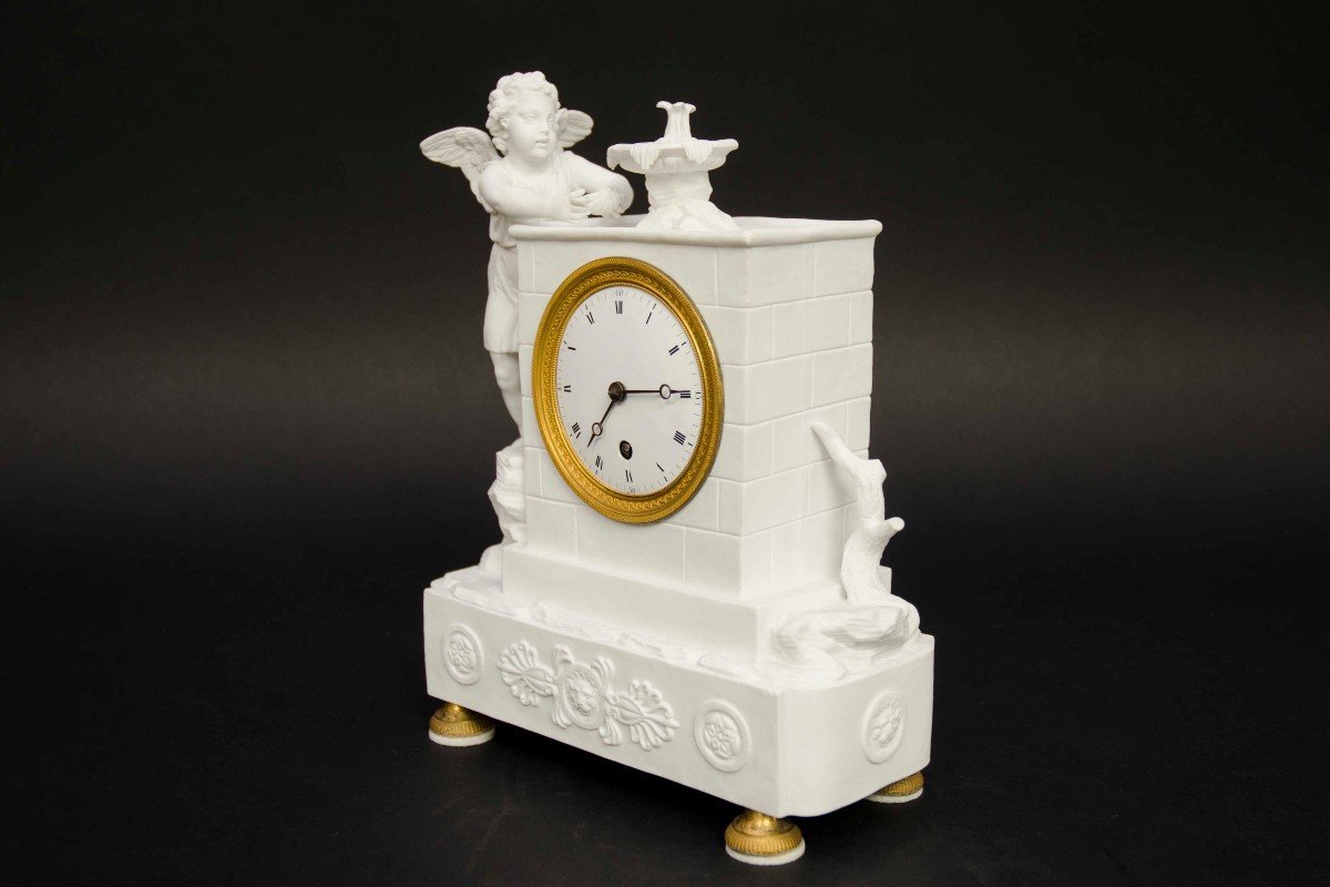  White Biscuit Clock "angel At The Fountain", France Mid 19th Century -photo-6