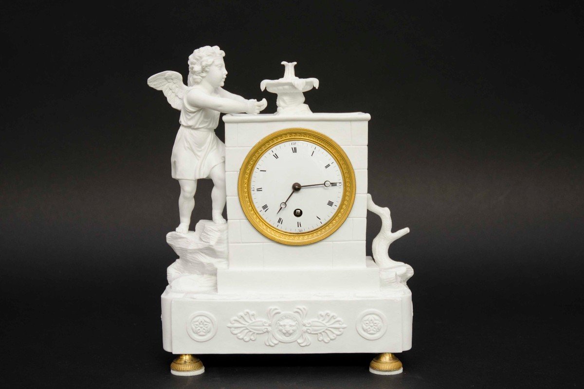  White Biscuit Clock "angel At The Fountain", France Mid 19th Century 