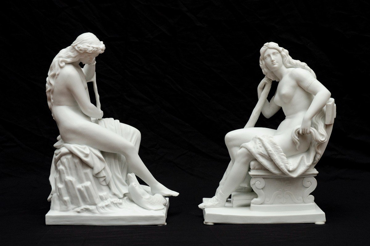 "Omphale et Lorelei" Grande Paire De Biscuits blancs, Attribuée à Nymphenburg, 19e Siècle-photo-4