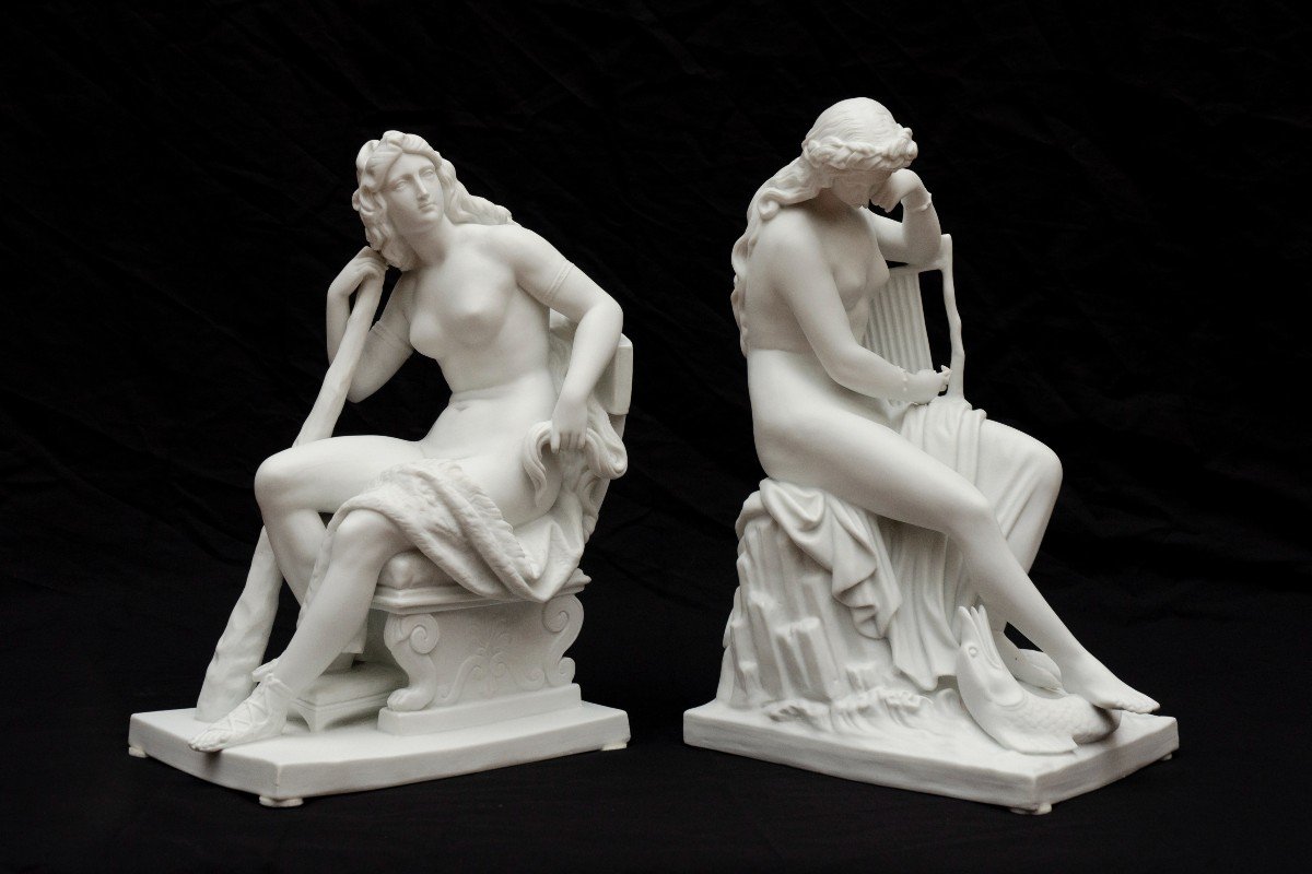 "Omphale et Lorelei" Grande Paire De Biscuits blancs, Attribuée à Nymphenburg, 19e Siècle-photo-2