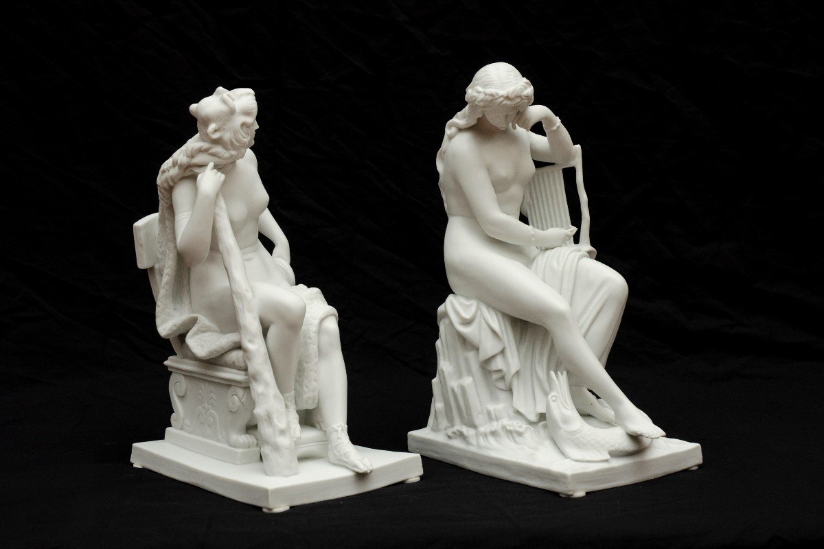 "Omphale et Lorelei" Grande Paire De Biscuits blancs, Attribuée à Nymphenburg, 19e Siècle-photo-3