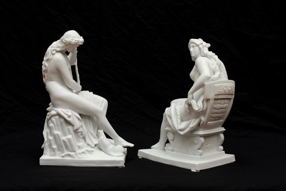 "Omphale et Lorelei" Grande Paire De Biscuits blancs, Attribuée à Nymphenburg, 19e Siècle-photo-6