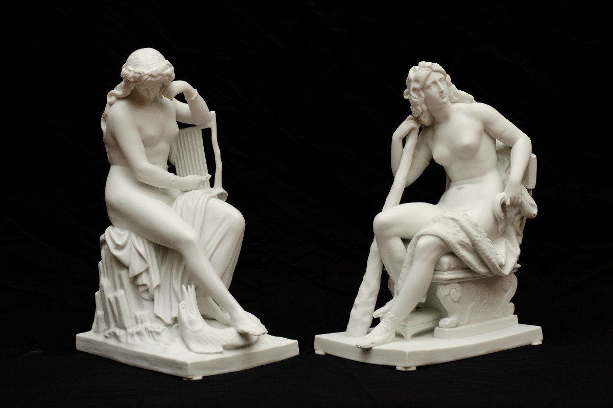 "Omphale et Lorelei" Grande Paire De Biscuits blancs, Attribuée à Nymphenburg, 19e Siècle