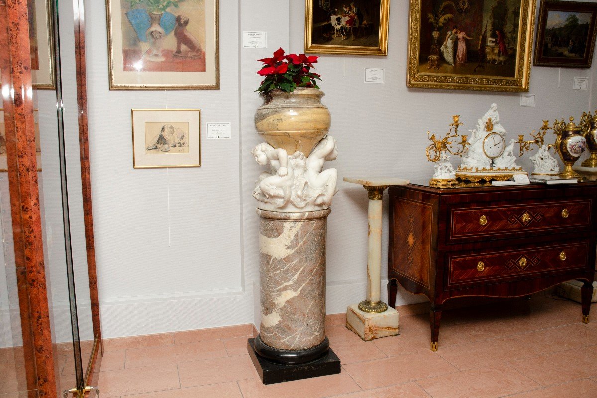 Large "tritons" Basin On Marble Column, Italy, 19th Century-photo-3