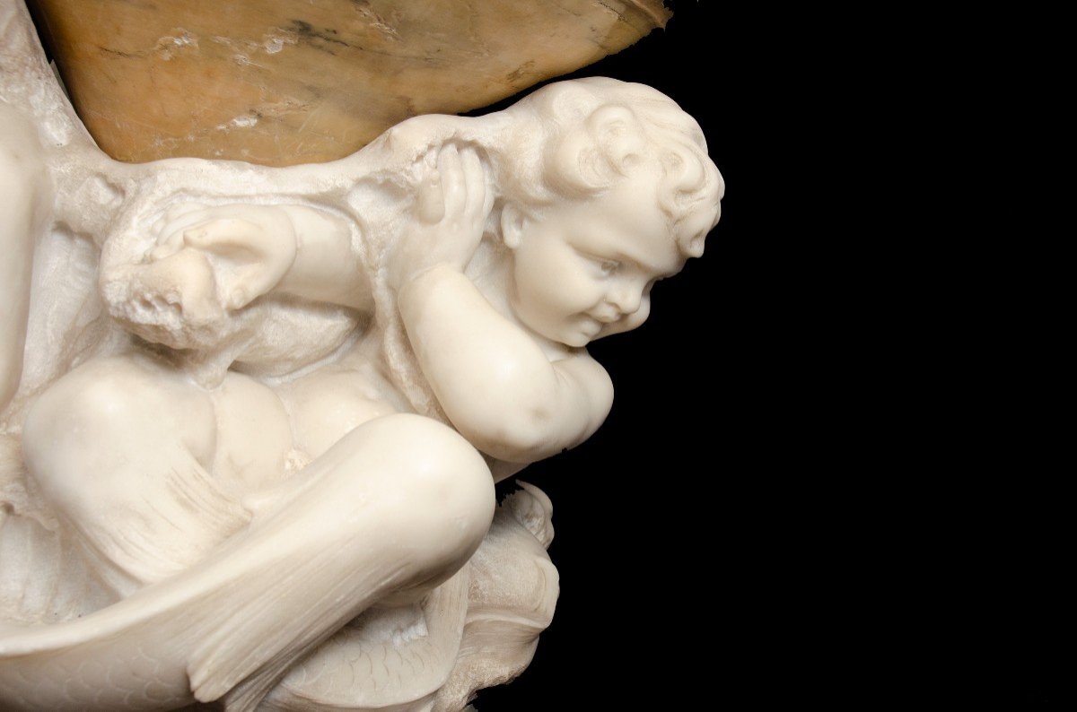 Large "tritons" Basin On Marble Column, Italy, 19th Century-photo-1