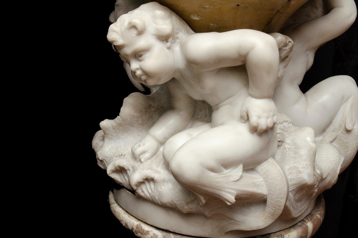 Large "tritons" Basin On Marble Column, Italy, 19th Century-photo-2