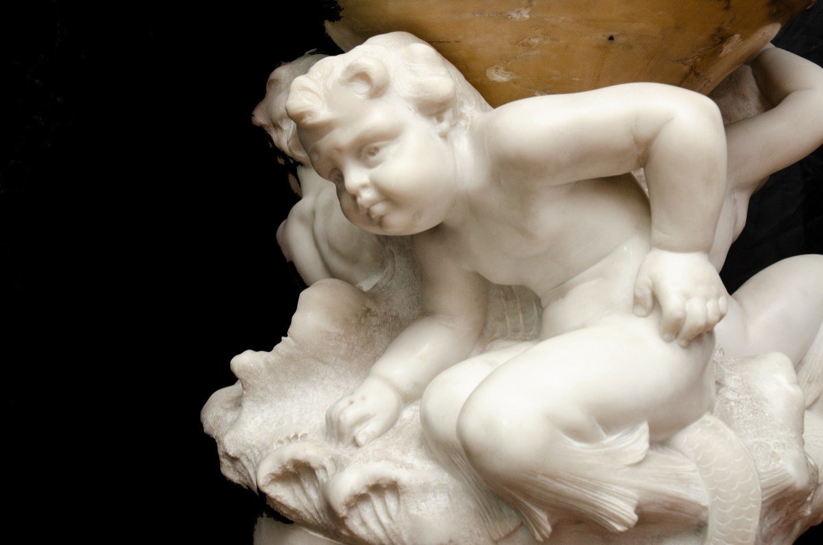 Large "tritons" Basin On Marble Column, Italy, 19th Century-photo-3