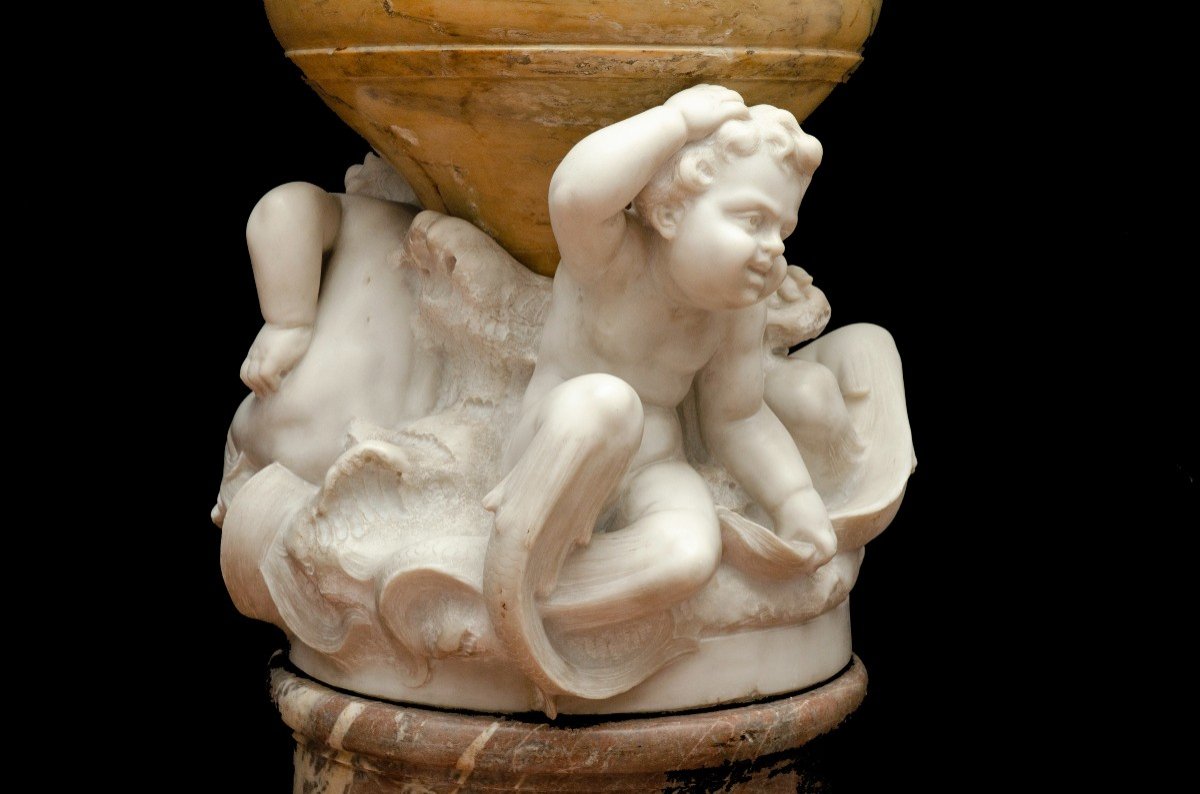 Large "tritons" Basin On Marble Column, Italy, 19th Century-photo-6