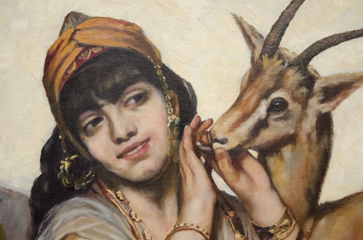 Oil On Canvas, Young Girl With Antelope, Zannerman William (ronne 1863- Vienna 1930)-photo-4