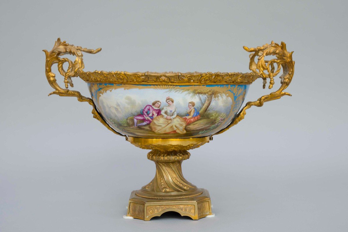 Blue Porcelain Basket In The Sèvres Style, Mounted On Gilded Bronzes, France 19th Century-photo-4