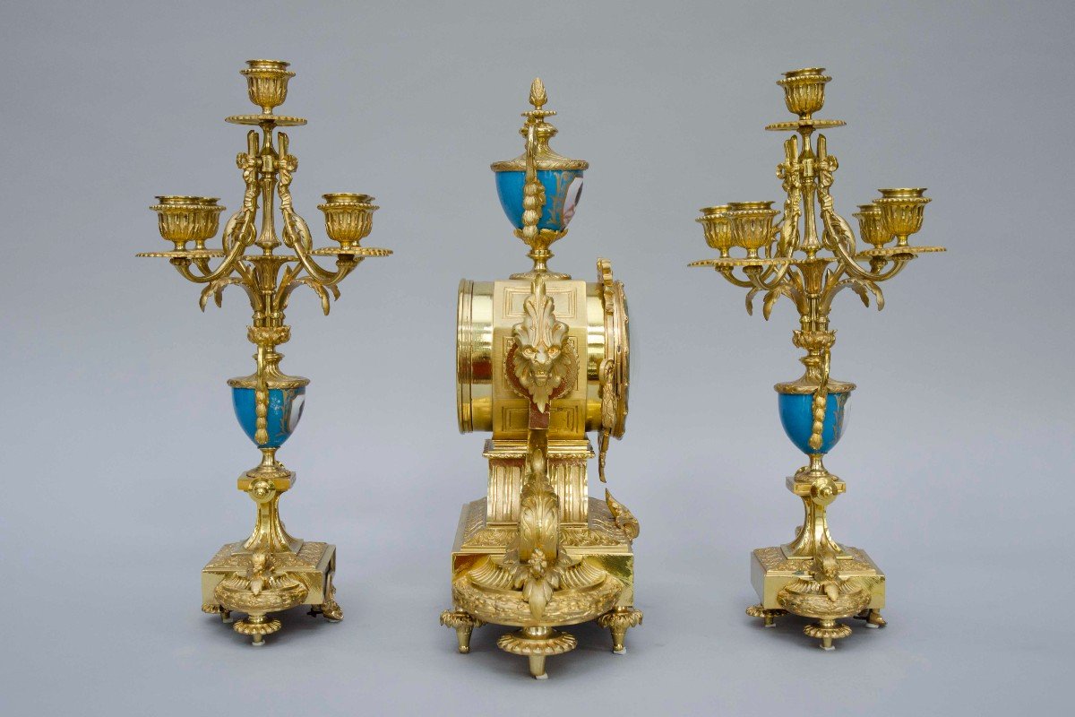 Garniture En Bronze Doré Et Porcelaine De Sèvres, Horloge Et Chandeliers, Napoléon III, France-photo-3