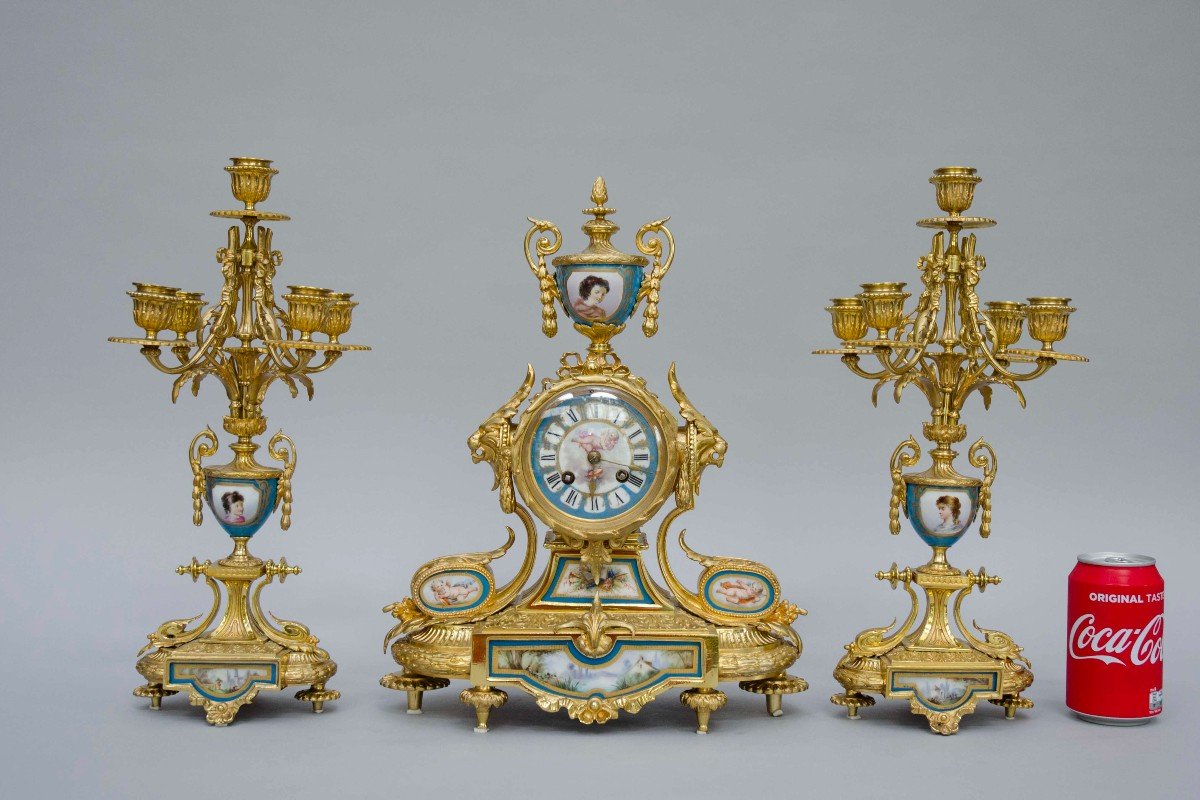 Gilt Bronze And Sèvres Porcelain Garniture With Clock And Candlesticks, Napoleon III, France-photo-7