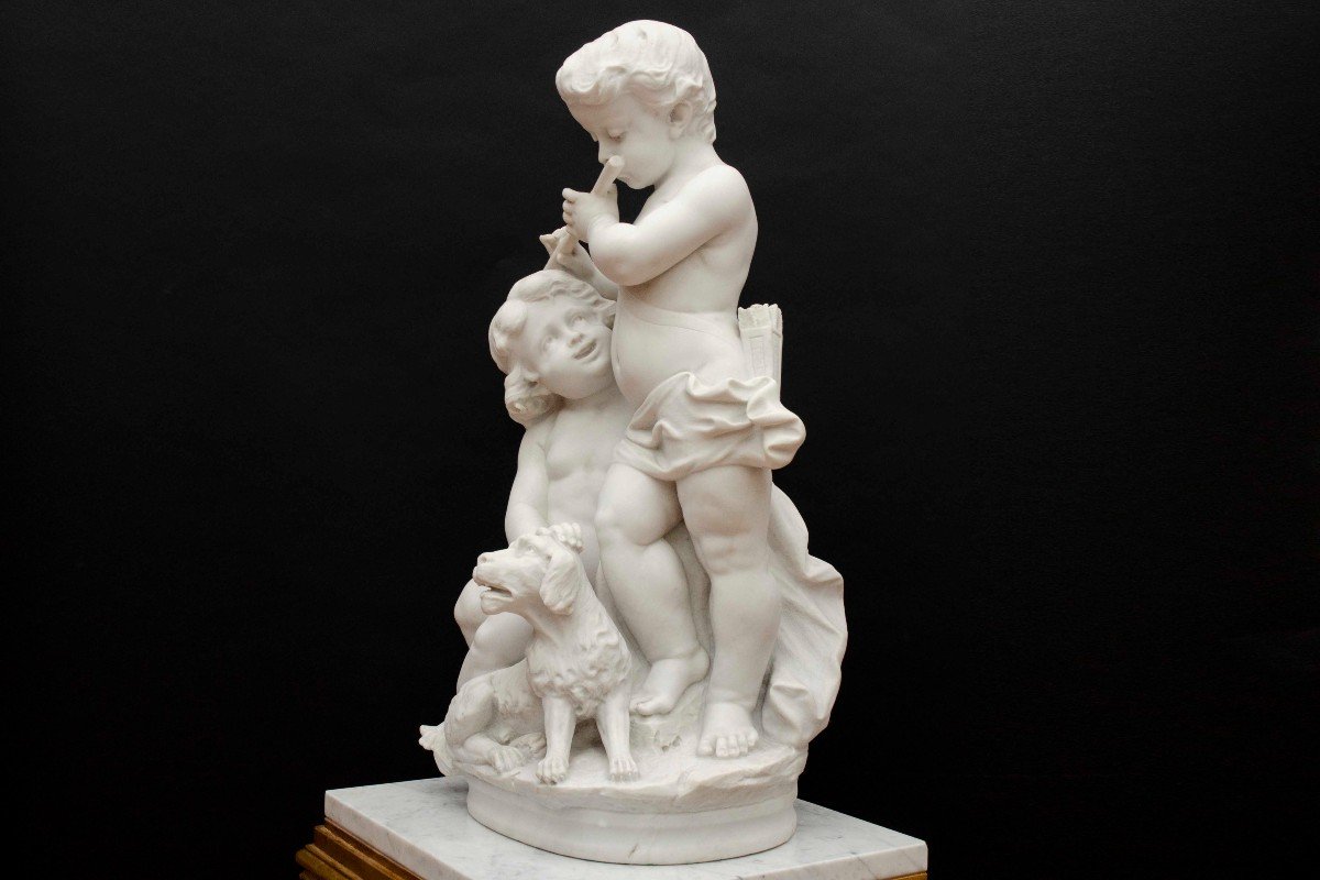 White Marble, "children Musicians And Their Dog", Attrib To Hip. Moreau, France Late 19th Century-photo-2