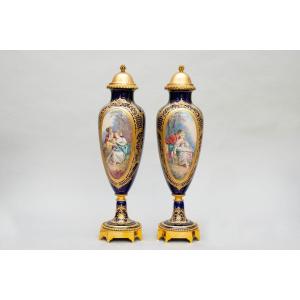 Pair Of Sèvres Style Vases Mounted On Gilt Bronze, Gallant Scenes, Signed Aly, 19th Century