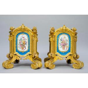 Beautiful Pair Of Jardinières, Porcelain Mounted On Gilt Bronze, Sèvres Style, Paris 19th Century