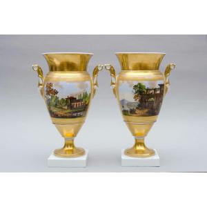 Paire De Vases Ovoïdes évasés, Paysages Lacustres, Porcelaine De Bruxelles 19e Siècle