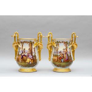 Large Pair Of Planters, Italianate Scenes, Attributed To Haviland In Limoges, Mid 19th Century