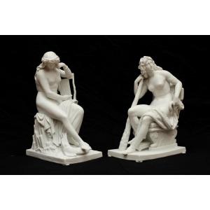 "Omphale et Lorelei" Grande Paire De Biscuits blancs, Attribuée à Nymphenburg, 19e Siècle