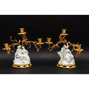 Pair Of Biscuit Candlesticks Mounted On Gilt Bronze, France Late 19th Century