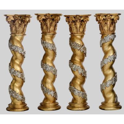 Quatre Grandes Colonnes Salomoniques Dorées, Baroque Italien, H 220cm