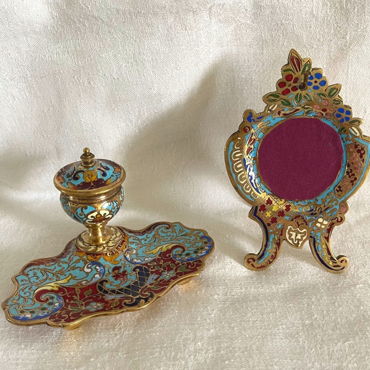 Watch Holder And Small Inkwell In Cloisonne Enamel-photo-5