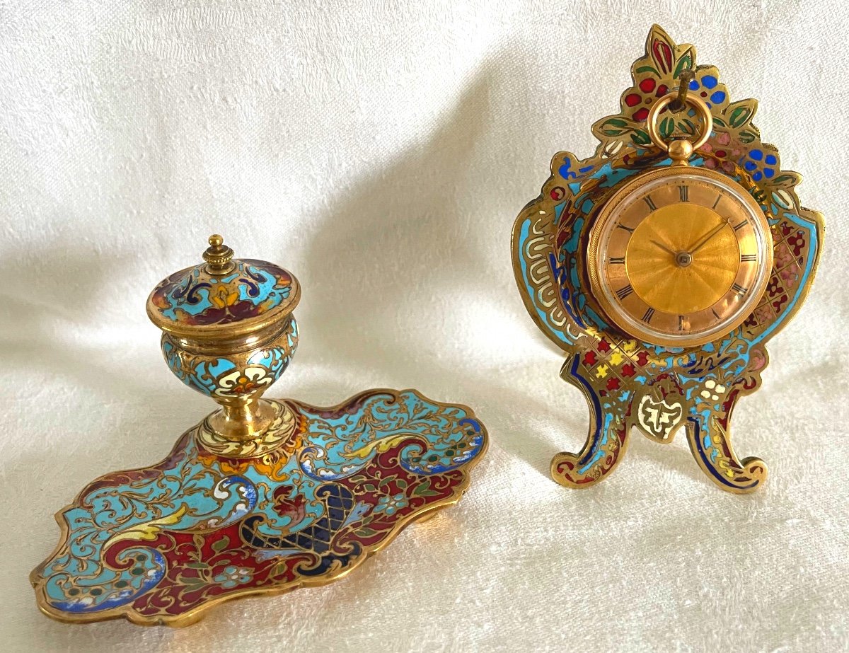 Watch Holder And Small Inkwell In Cloisonne Enamel