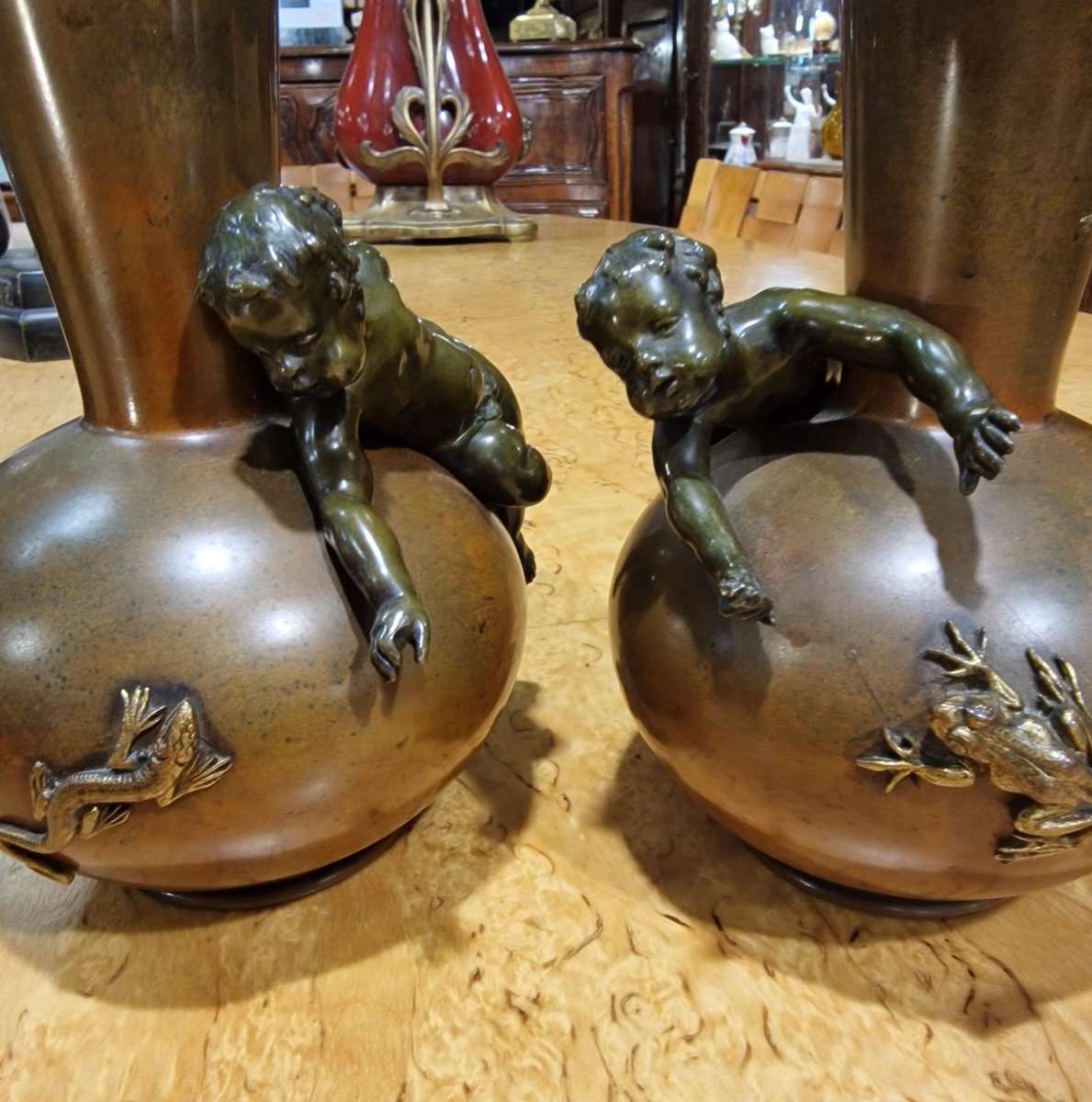 Pair Of Bronze Soliflores Attributed To Ernest Barrias With Their Crystal Vases -photo-2