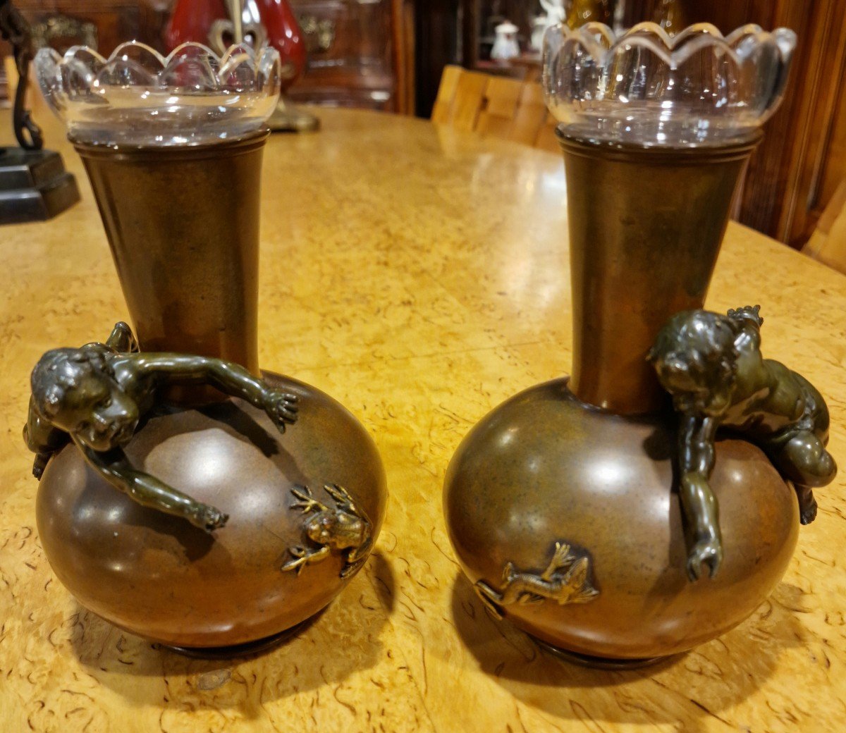 Pair Of Bronze Soliflores Attributed To Ernest Barrias With Their Crystal Vases 