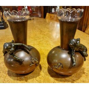 Pair Of Bronze Soliflores Attributed To Ernest Barrias With Their Crystal Vases 