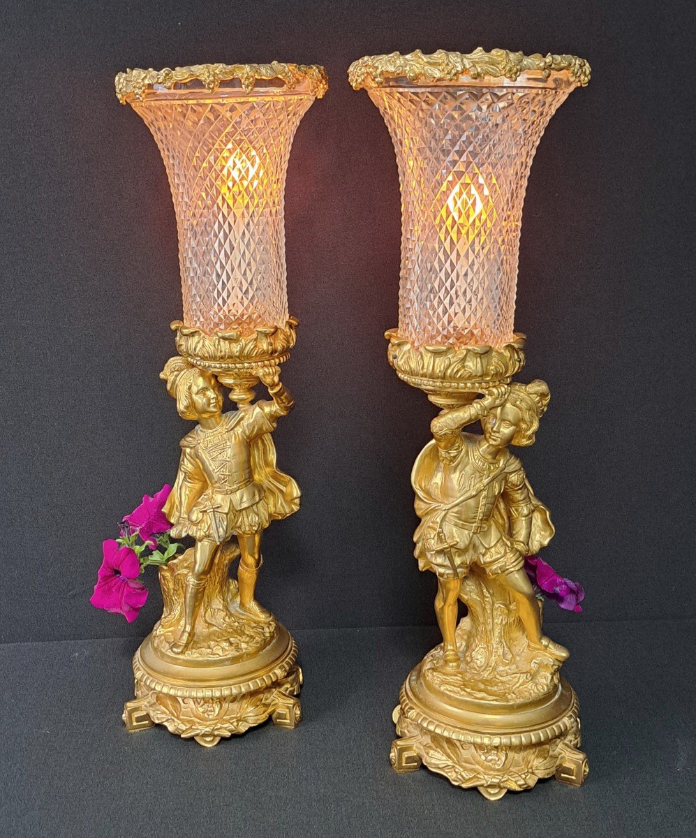 Pair Of Candle Holders In Crystal And Gilt Bronze-photo-2