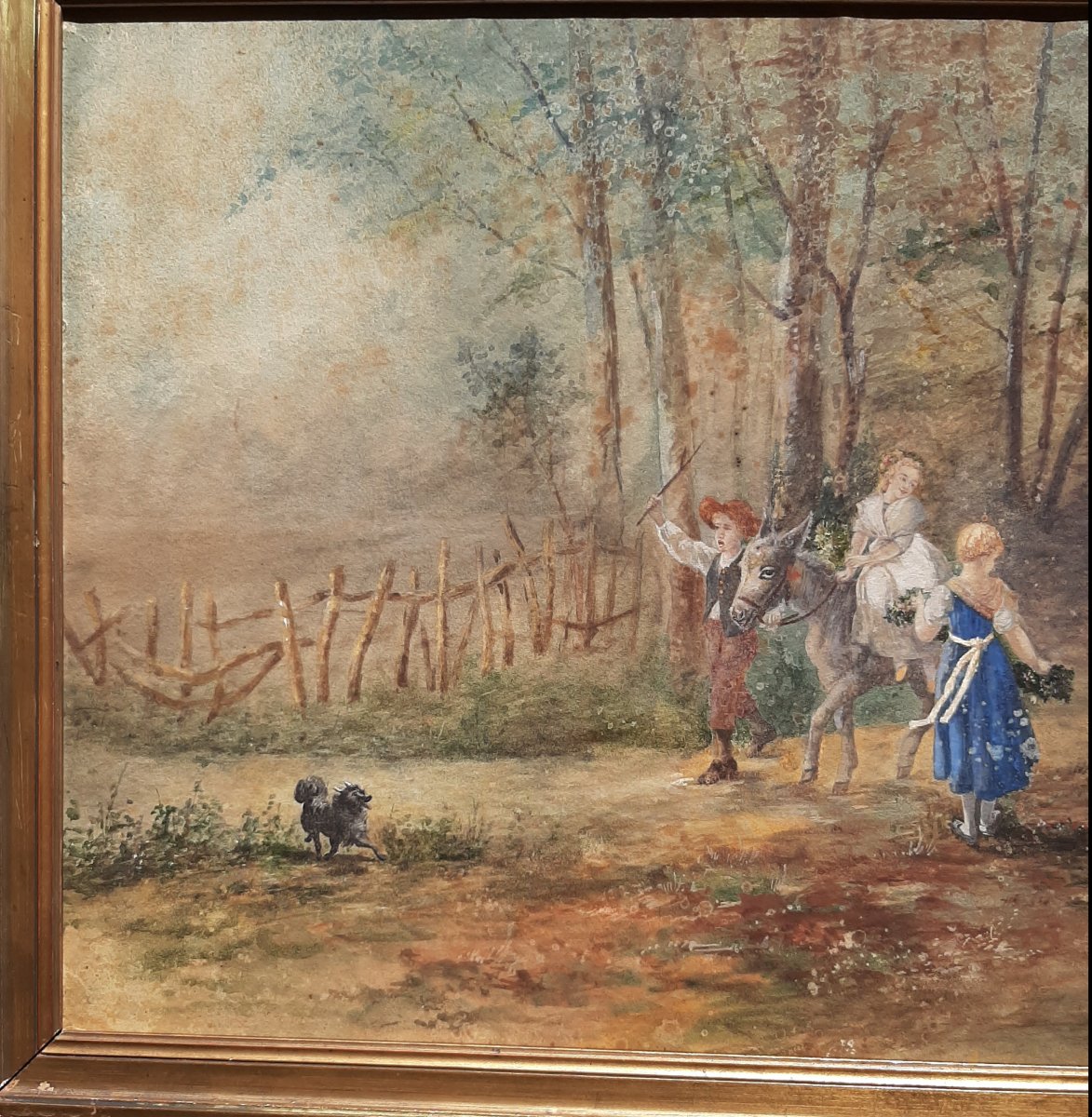 Young People At The Wood: Gouache Painting On Paper 19th Century-photo-1