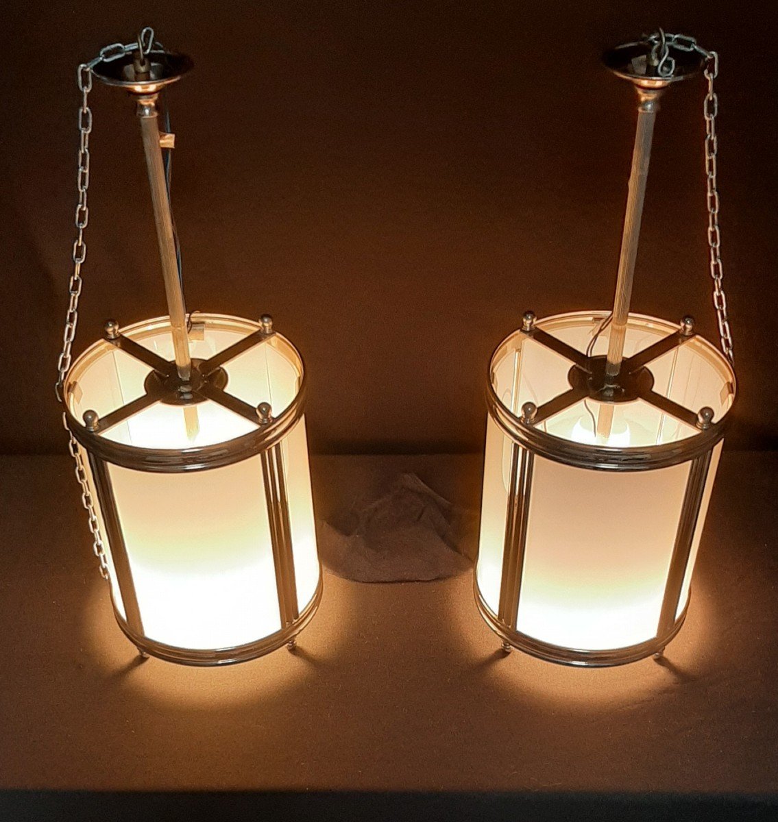 2 Lanternes En Bronze Argenté Et Opaline-photo-1