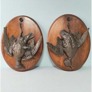 Woodcock And Teal As Trophies On Wooden Medallions.