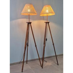 Paire De Lampadaires Trépieds En Acajou.