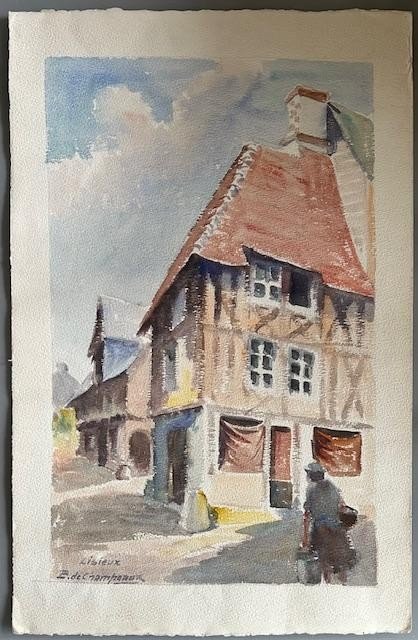 Bertrand Edouard De Champeaux - Large Watercolor 33 X 51 Cm - House In Lisieux