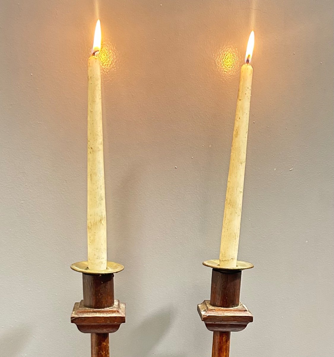 Pair Of Large Wood And Bronze Church Altar Candlesticks-photo-2