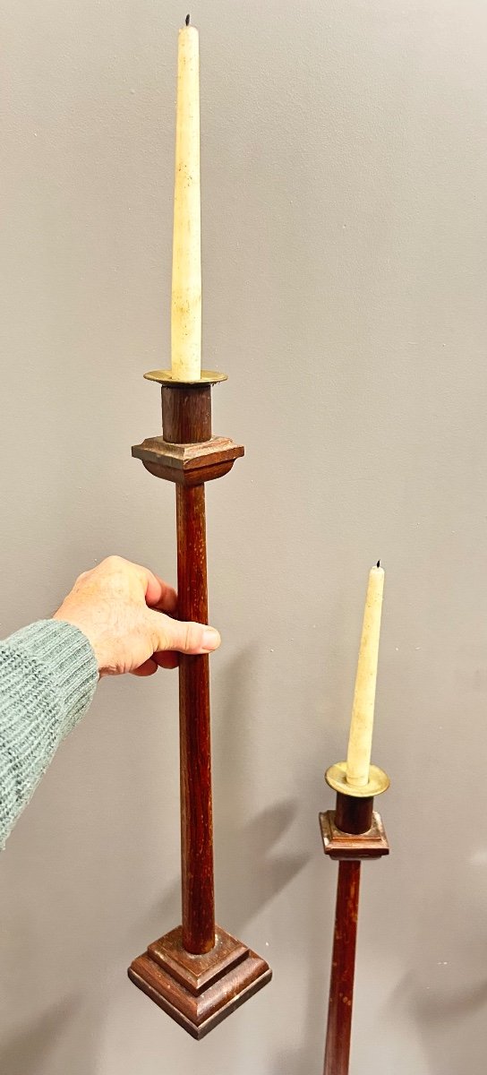 Pair Of Large Wood And Bronze Church Altar Candlesticks-photo-1