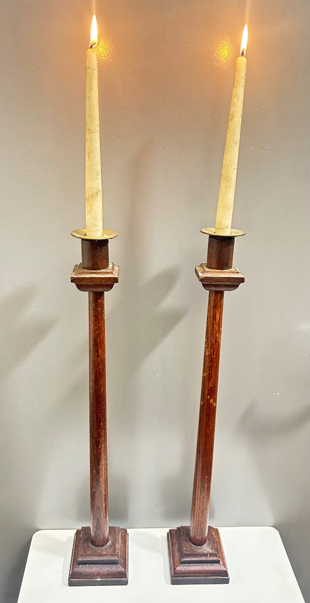 Pair Of Large Wood And Bronze Church Altar Candlesticks