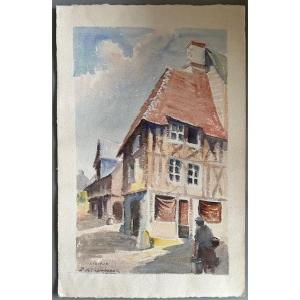 Bertrand Edouard De Champeaux - Large Watercolor 33 X 51 Cm - House In Lisieux