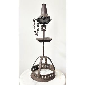 Large Tallow Lamp With Four Nozzles In Wrought Iron, Haute Epoque