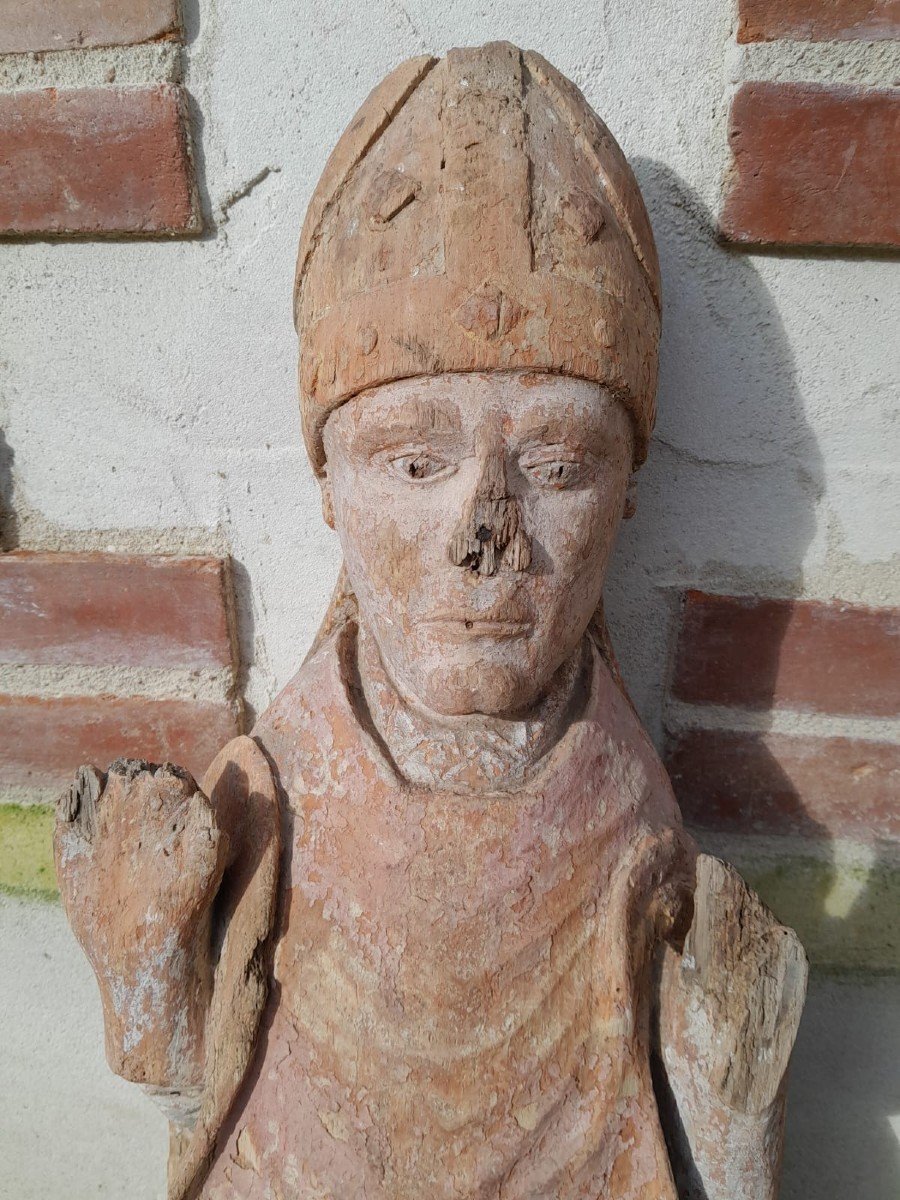 16th Century Painted Wooden Bishop Statue -photo-2