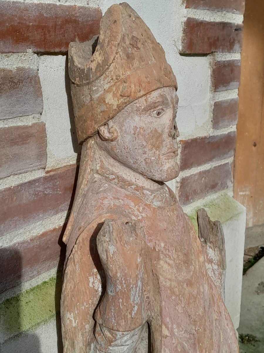 16th Century Painted Wooden Bishop Statue -photo-4