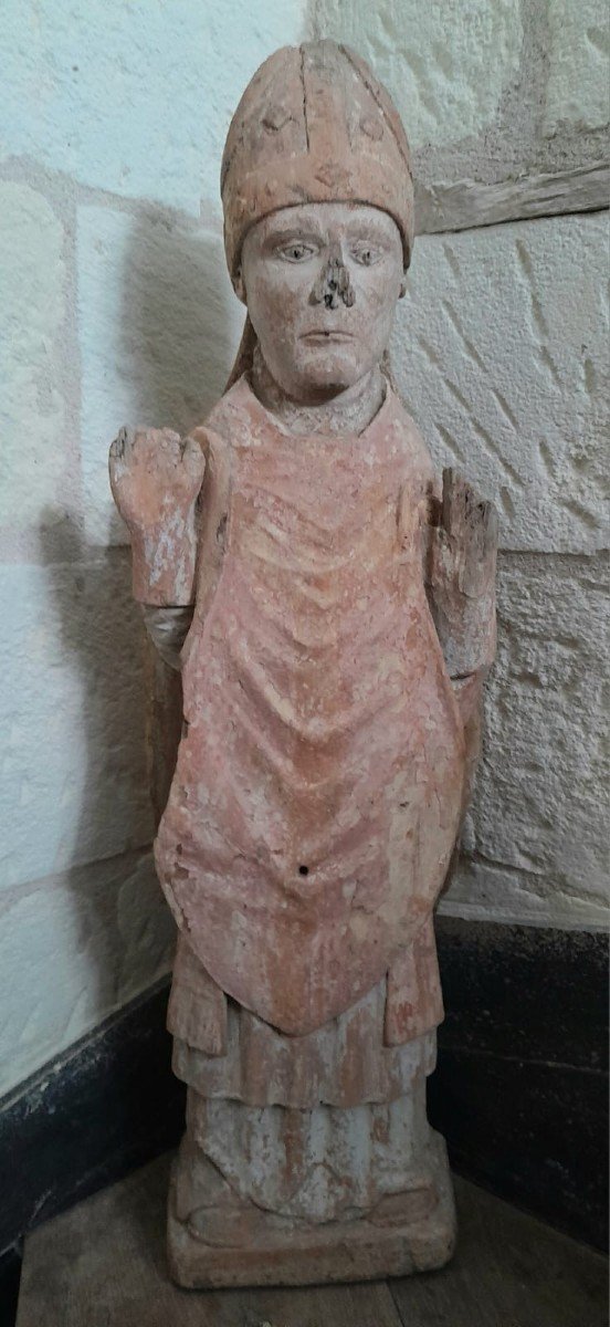 16th Century Painted Wooden Bishop Statue 