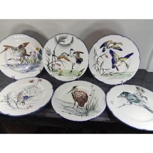 Creil And Montereau 6 Plates Decorated With Large Birds